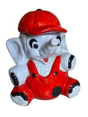 Vintage American Bisque Elephant Cookie Jar Red Overalls